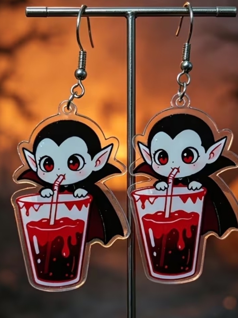 Cute Vampire Drinking Blood Bubble Tea Earrings - Black & Red